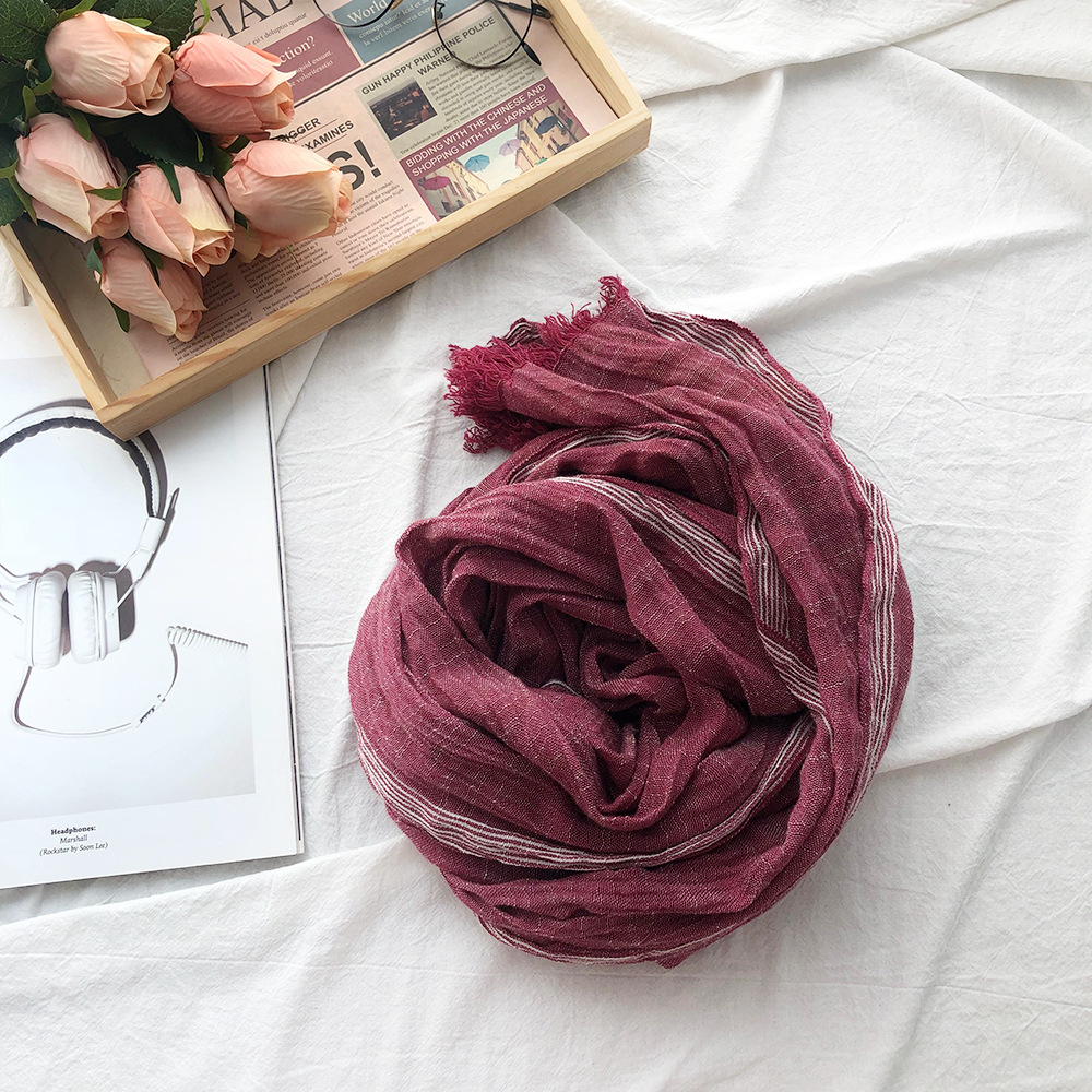 Bufanda de lino y algodón para hombre, Bufandas con borlas a rayas negras y marinas, chal para hombre, accesorios de para hombre, Bufandas: Color vino