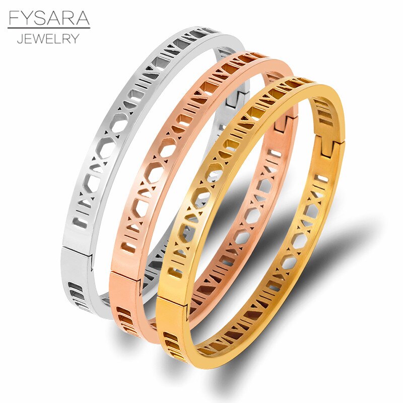 Fysara Charm Hollow Romeinse Cijfers Roestvrij Staal Bangle Goud Kleur Armband Voor Vrouwen Sieraden Manchet Armbanden