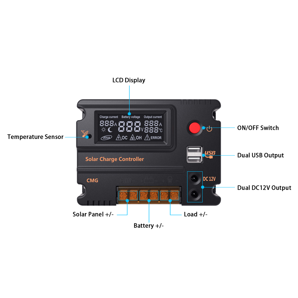 Anself 10A/20A LCD Solar Charge Controller Panel Battery Regulator Auto Switch Overload Protection CMG-2410/CMG-2420 12V/24V