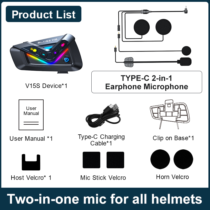 Blaise  v15s mesh intercom headset sepeda motor headset støtter 15 førere musikkdeling vanntett motorsykkel: Default Title
