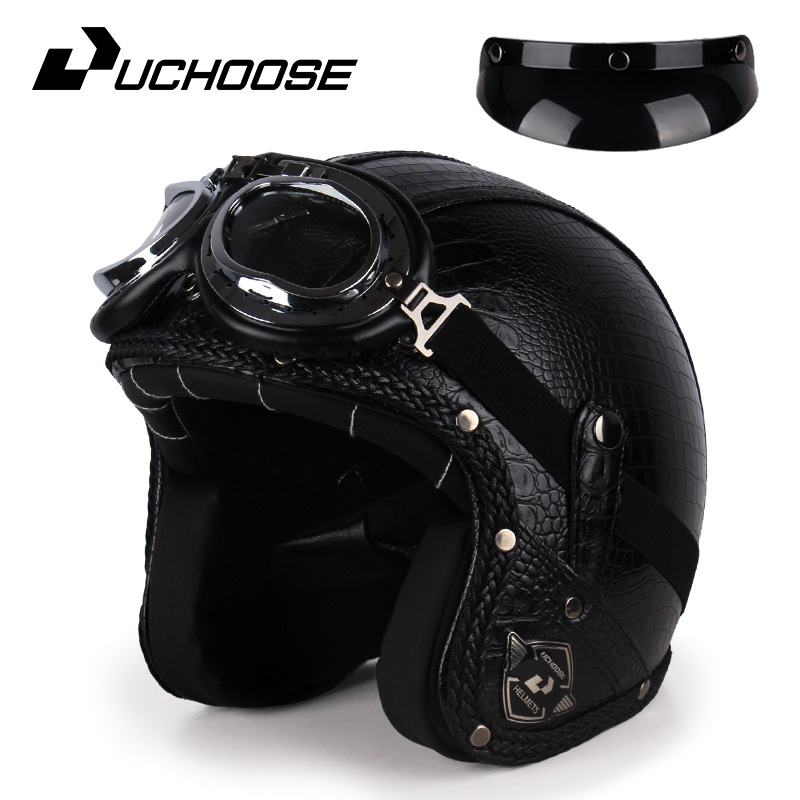 UCHOOSE retro Motorradhelm PU Leder offen Gesicht 3/4 Zerhacker Fahrradhelme klassisch Casco Moto Jahrgang: Braun / S