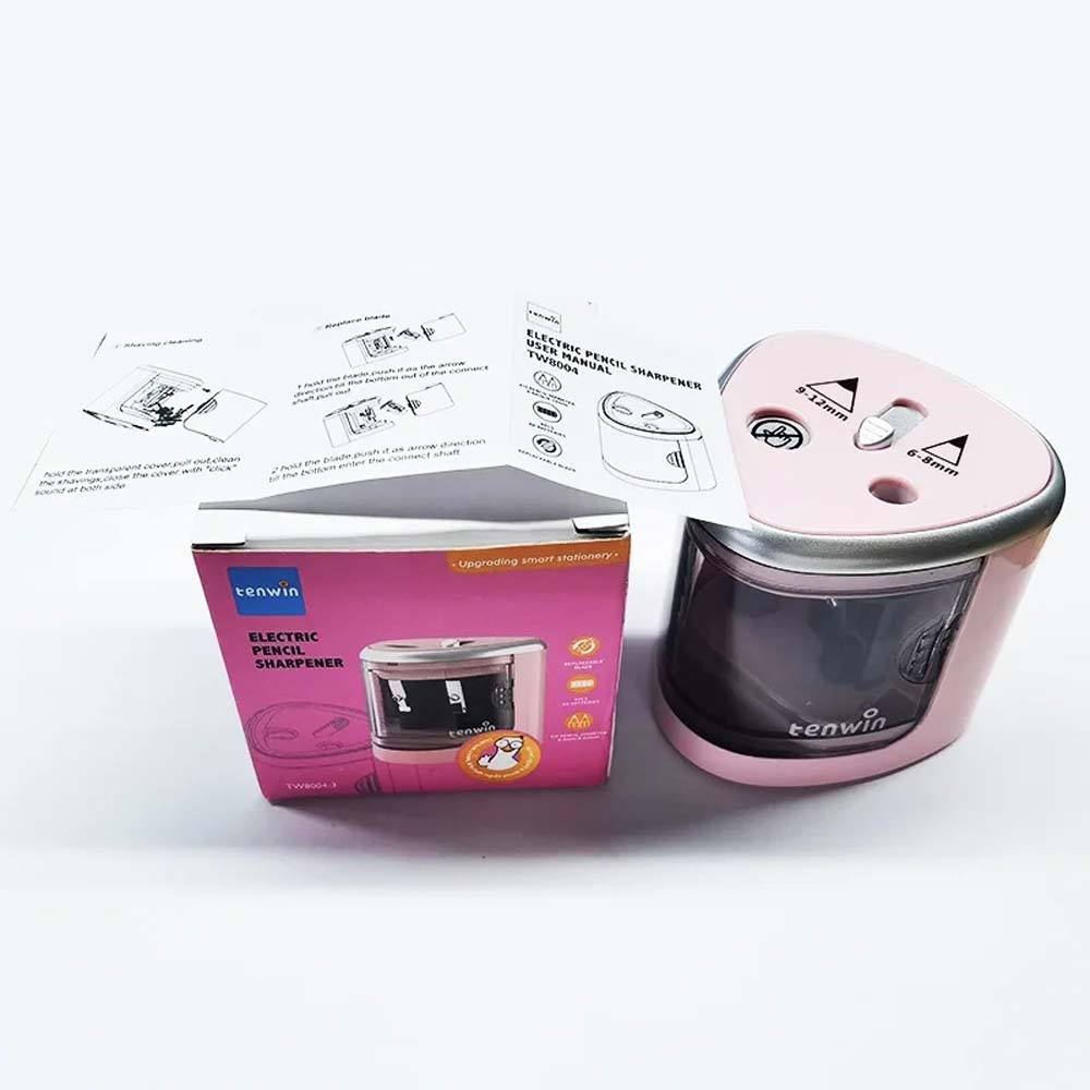 TENWIN Electric double-hole pencil sharpener Quick sharpening school supplies for 6-12mm pencils(Battery Not Included): Pink
