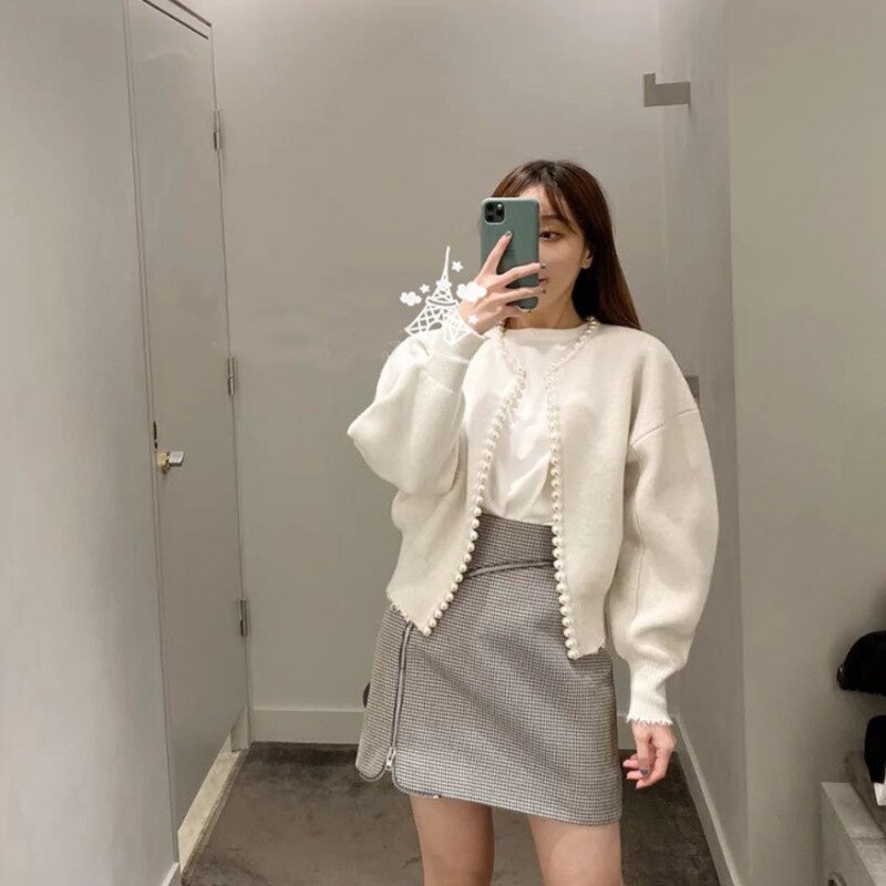 Chaquetas coreanas de para mujer, cárdigan con perlas, manga de murciélago, abrigo de punto de lana Vintage, chaqueta de , AQ927,: Blanco / S