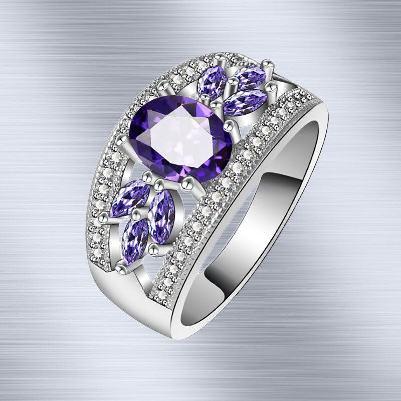 Mode 925 Zilveren Kleur Vrouwelijke Ringen Bloemvormige Amethyst Wedding Sterling Plata Ring Voor Vrouwen Meisjes Leuk Cadeau Voor Verjaardag