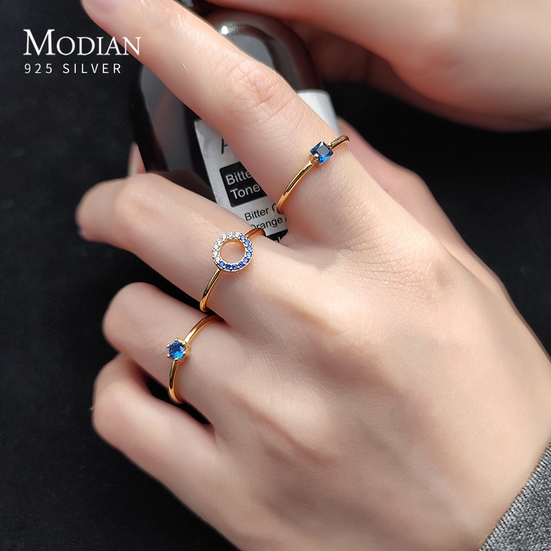 Modian Brands Water Round Square Blue Crystal Opening 925 Sterling Silver Ring for Women Korea Style 3 Style Fine Jewelry