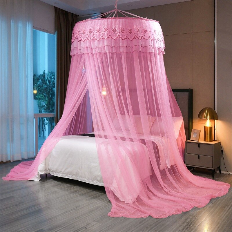 Dosel de cama redondo superior, cenefa de cama de hilo para mosquitos, tienda de campaña, mosquiteras, cubierta de cama, encaje romántico, cortina a prueba de mosquitos: B / Cama de 1,5 m (5 pies)