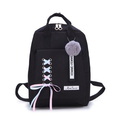 4 teile/satz Band Kette Bowknot Brief Mochila Leinwand Rucksack Reise Rucksäcke Freizeit Rucksäcke Für Teenager Mädchen Schule Bagpack: 1pcs black