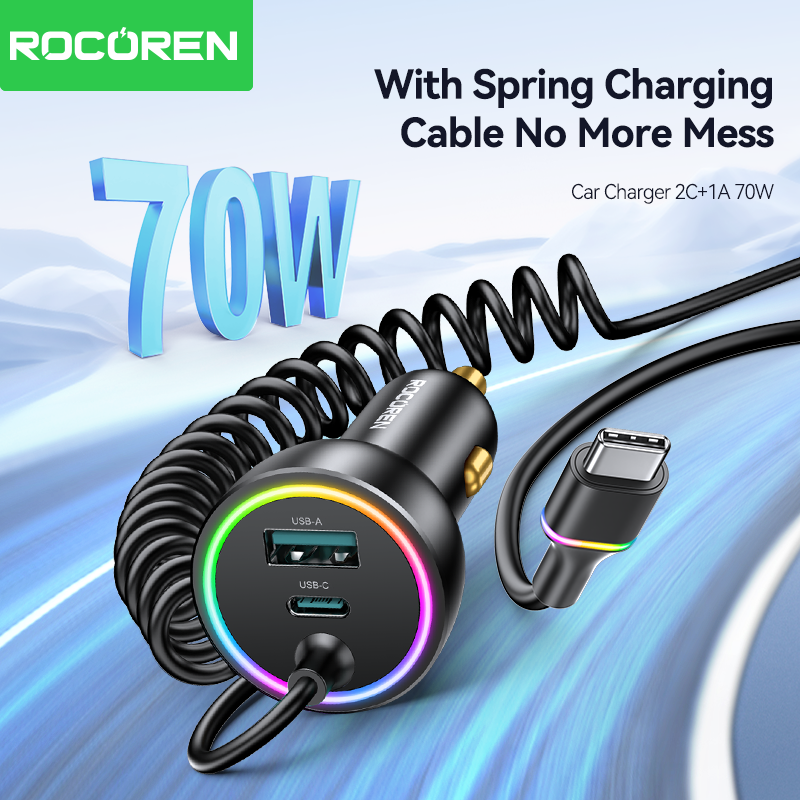 Rocoren 70w usb c carregador de carro com cabo de carregamento de mola tipo c adaptador de carregador rápido de carro para iphone 16 15 xiaomi
