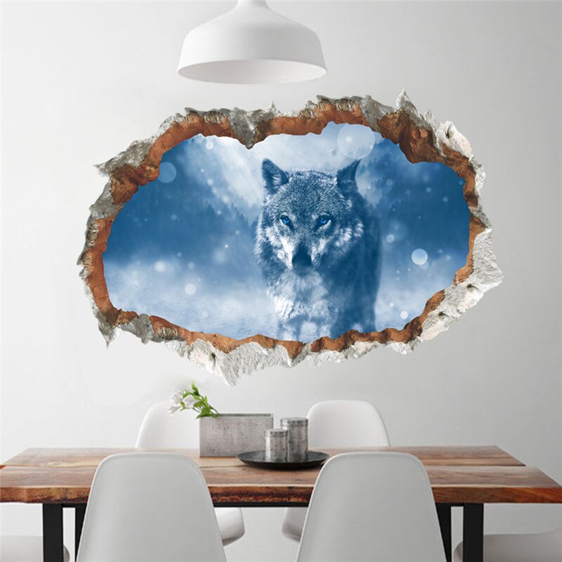 Vivid 3d window Wolf Wall Stickers Forest DIY Animal Wall Poster for Kids Rooms Living Room Bedroom Decoration Mural Art