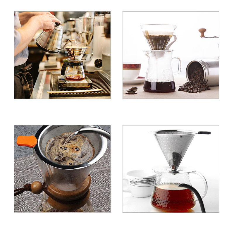 Genanvendeligt dryp kaffefilter rustfrit stål 1-4 kopper papirløs hæld over espresso kaffemaskine metalnet kegle tragt drypper