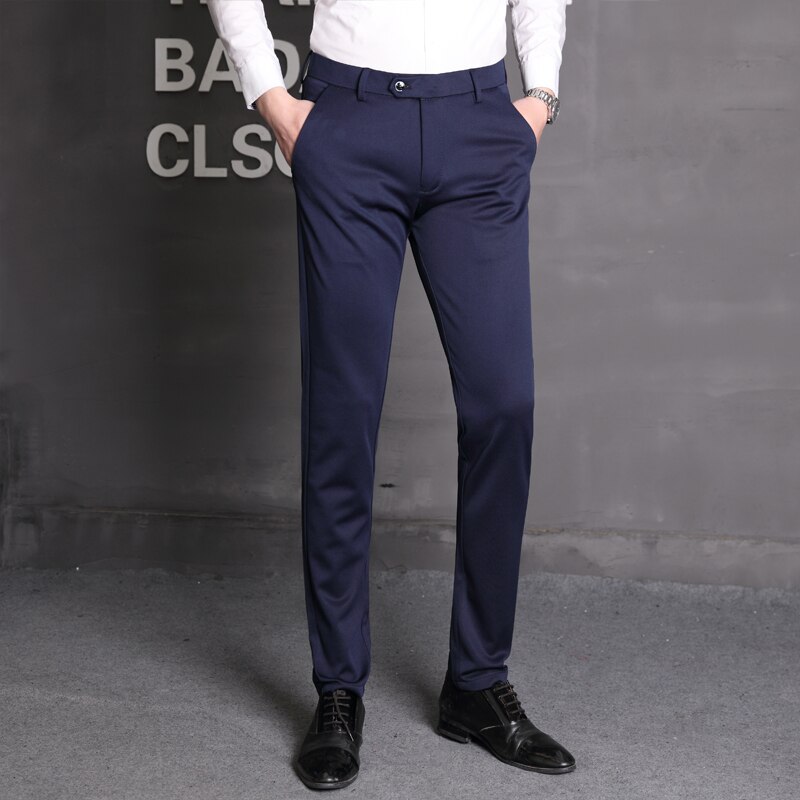Four seasons slim stretch kostymbyxor för män koreanska business casual plus size byxor klassiska enfärgade långbyxor
