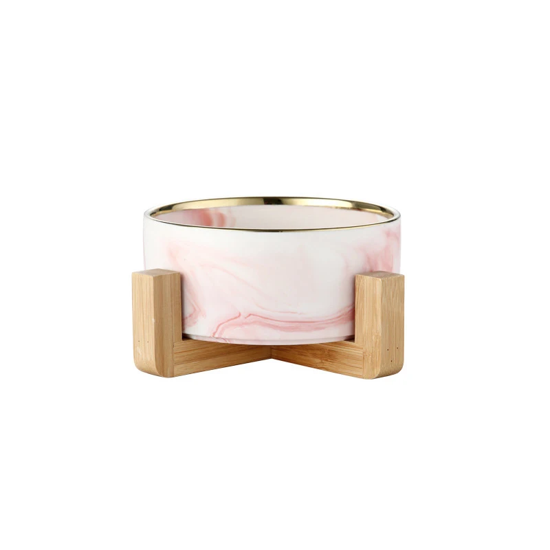 Tigela de cerâmica marmorizada para gatos, com suporte de madeira, tigelas duplas para alimentos, água, cachorros pequenos, suprimentos de alimentação elevados: M / Rosa