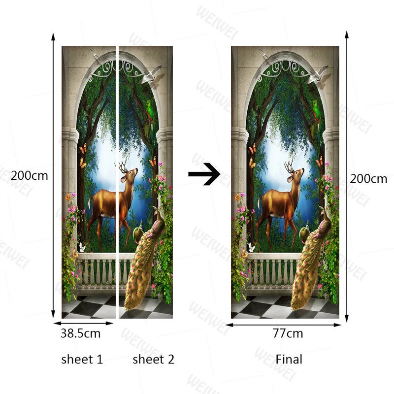 Peacock Deer 3D Door Sticker Mural Living Room Children Room Bedroom Door Decoration Photo Wallpaper Pvc Waterproof Wall Decals: 77x200cm
