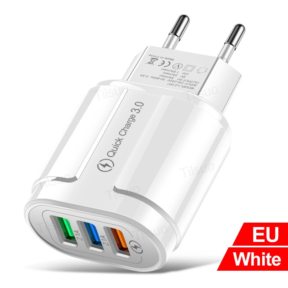 Tisluo USB Charger Quick Charge 3.0 Universal Wall Mobile Phone Charger for iPhone Samsung Xiaomi 3 Port Fast Charging Adapter: EU  White