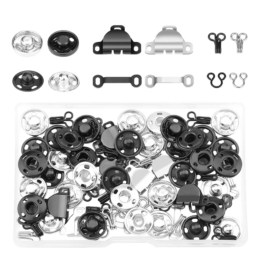 50 Metal Fastener Snap Button Hooks and Eyes Sewing Closures Set Tool Kit Crafts for Clothes, Jacket, Jeans, Bag, Belt, Bra