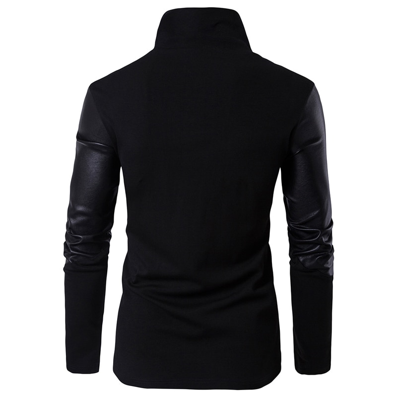 Rollkragenpullover Männer Patchwork PU Leder Ärmel Lange Herren Strickjacken Beiläufige Dünne Reißverschluss Schwarz ziehen Homme