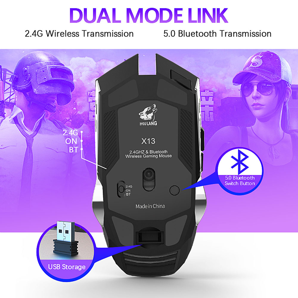 1pc Wireless Mouse 2400 PDI Bluetooth Mouse 6Buttons USB Receiver Rechargeable Silent Gaming Mouse for PC Laptop