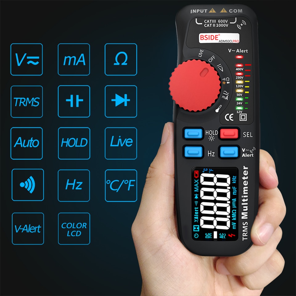 BSIDE ADM92CL Voltmeter Digital True RMS Multimeter 6000 Counts Auto-Range Voltage Amp Ohm Hz Cap Temp Diode Continuity Tester