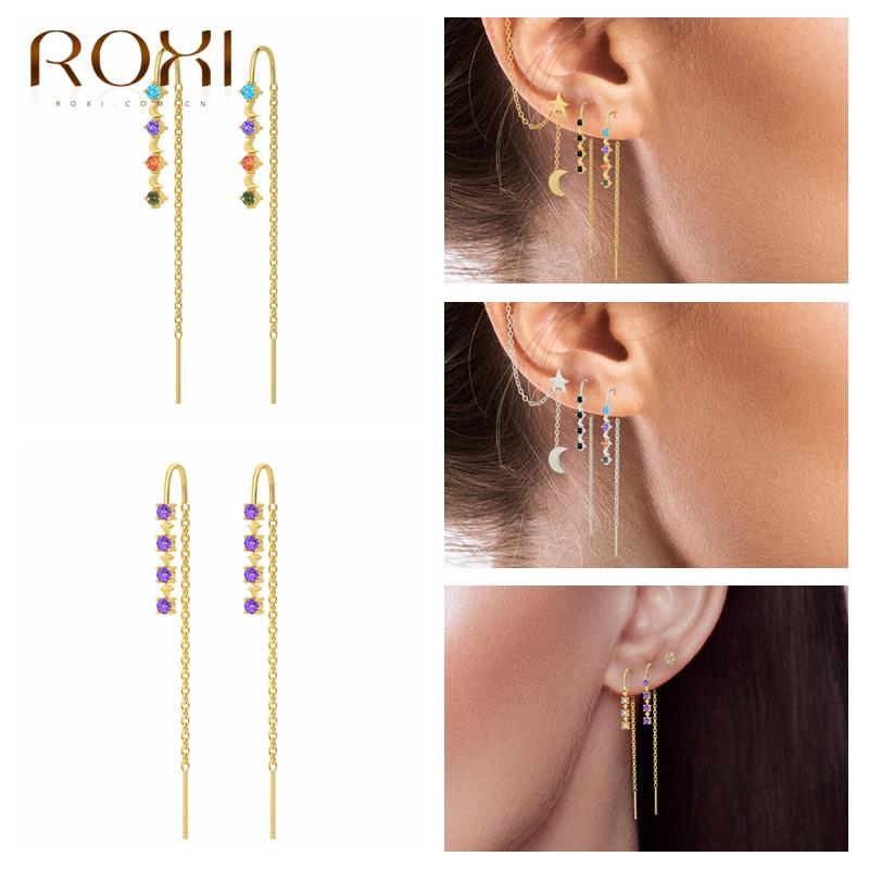 Roxi Boho Lange Ketting Stud Oorbellen Voor Vrouwen 925 Sterling Silver Moon Star Crystal Piercings Oorbellen Sieraden Pendientes Plata