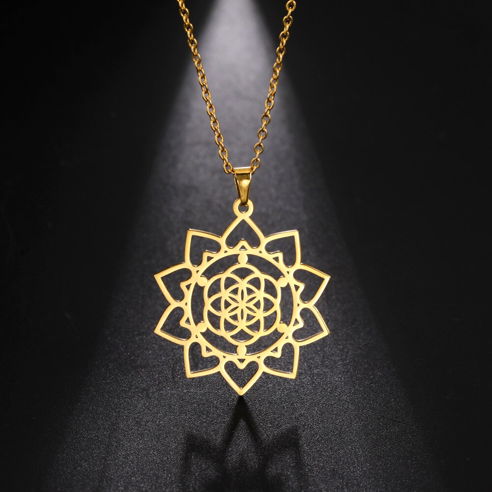 Skyrim – collier avec fleur de vie pour femmes, chaîne de cou en acier inoxydable, amulette, motif géométrique, Mandala, bijoux
