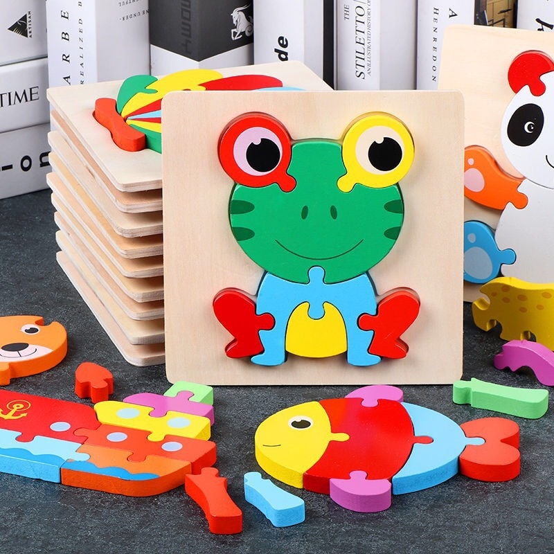 Montessori geometria 3D in legno giocattolo per bambini cartone animato animale Building Block Puzzle prescolare educazione precoce giocattoli di apprendimento