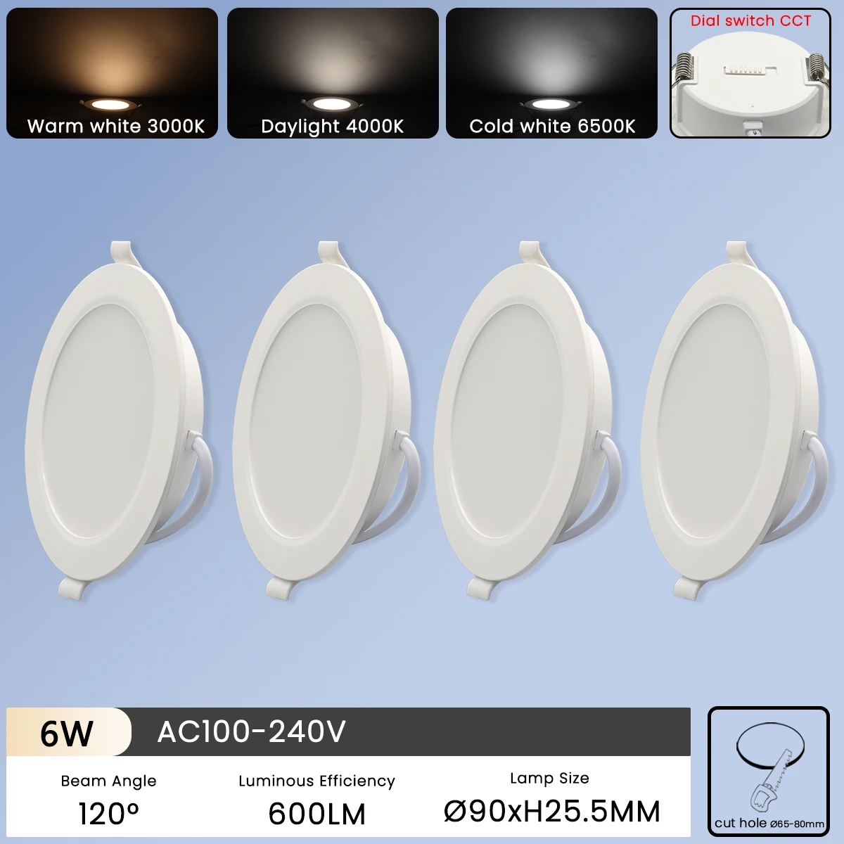 4 stuks draaischakelaar cct led downlight 100-240v 3000k 4000k 6500k plafondlamp 6w-24w inbouw ronde paneellamp binnenverlichting: Blauw