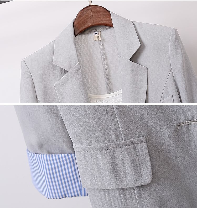 Blazer printemps et été coréen en lin, Slim, Patchwork, rayé, grande taille, vêtements de travail, manteau avec un seul bouton, F61210