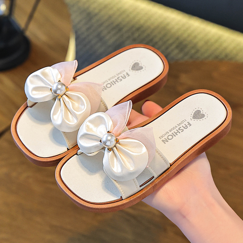 mesh pearl butterfly casual spring and summer slippers for girls, indoor and outdoor beach exposed toe comfortable sandals: Pink / 2
