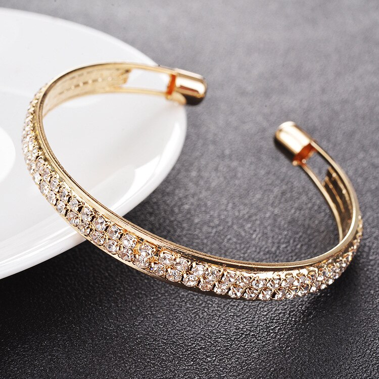 Kvinder 2- række krystal guld splint justerbar åbent armbånd enkel luksus skinnende kontor ol damer armbånd smykker: Gd