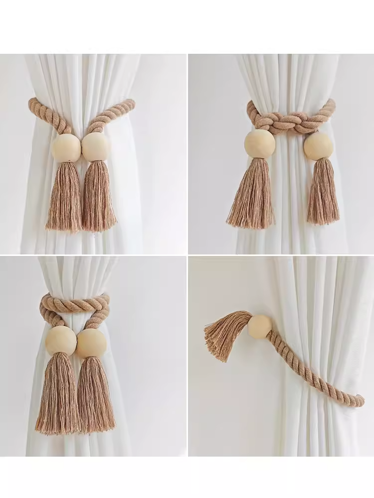 Amarre de cortina con nudo magnético de madera maciza tejido a mano con estilo Boho, adecuado para la decoración del hogar de la sala de estar y el dormitorio.