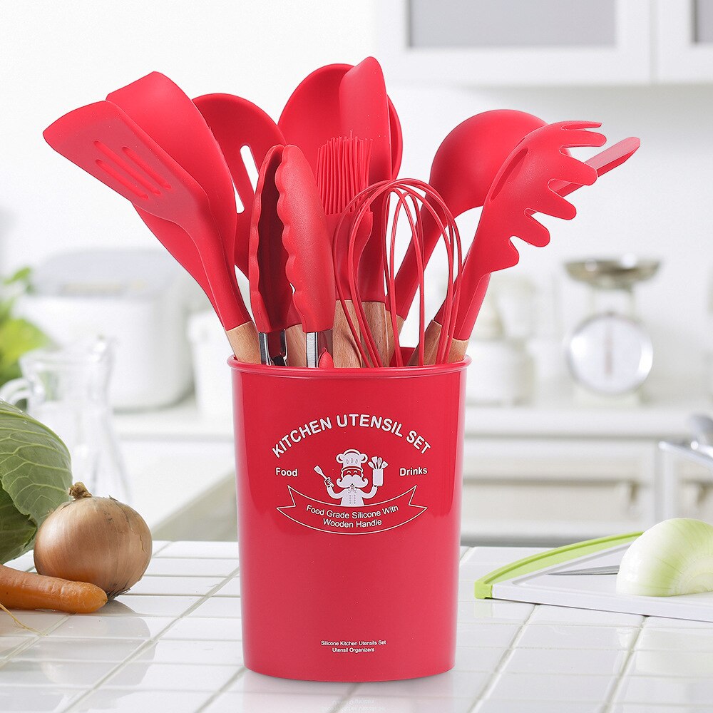 Utensilios de cocina antiadherentes de silicona, cuchara densa, espátula, batidores de huevos con mango de madera, vajilla: red