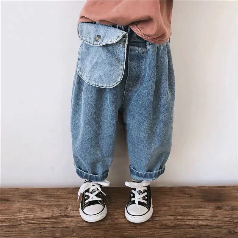 2021 primavera autunno ragazzi ragazze tasca pantaloni larghi in denim 1-6 anni bambino bambini casual all-match jeans
