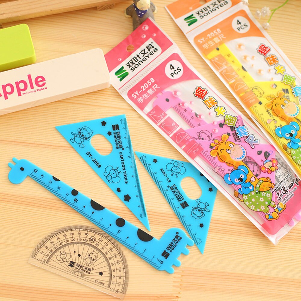 4PCS/Set Cartoon Giraffe Ruler Straight Ruler / Triangular Ruler / Protractor Junior School Stationery For Kids