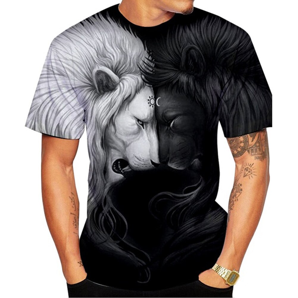 Men Summer Black White Funny Lion 3D Printed Shape Short Sleeve Round Neck Leisure T-Shirt Tee Top