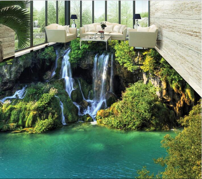 3 d pvc-bodenbelag benutzerdefinierte 3d Schlecht bodenbelag Romantische grüNe bergbach wasserfall 3 d bodenbelag malerei wandbild tapete