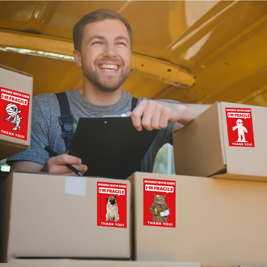 200 PCS Funny Fragile Stickers - 4 Designs (Dog, Cat, Mummy), 3x2 Inches Permanent Adhesive Labels for , Moving, Glass