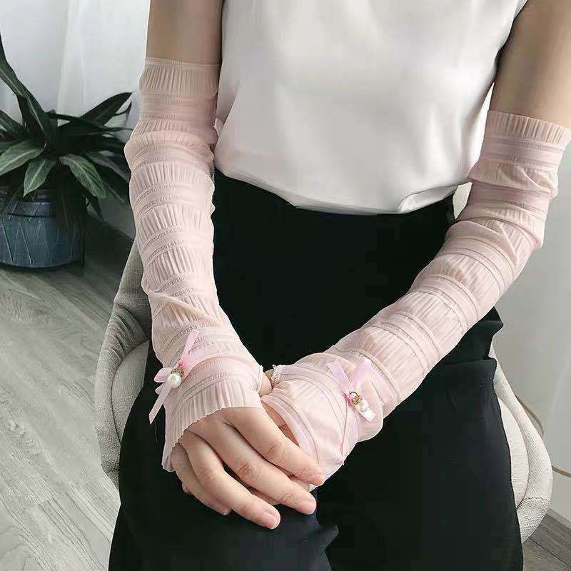 Summer Women Lace Thin Breathable Gloves Sun Protection Gloves Fingerless Outdoor Cycling Arm Sleeves Female: purple