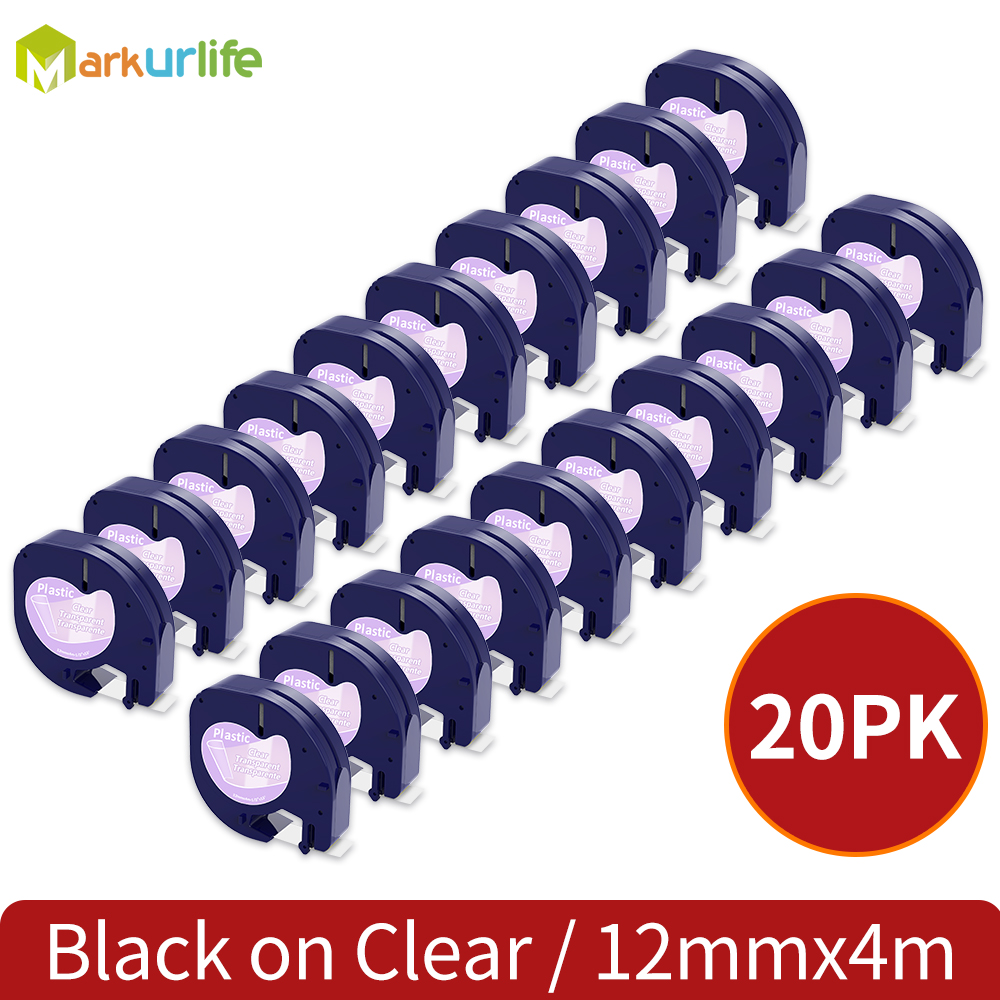 20PCS 91330 LT Label Tape 12mm*4m Compatible For Dymo Letratag Plastic 91200 91331 91201 12267 18769 18771 For LT-100H LT-100T: 20p Black on Clear