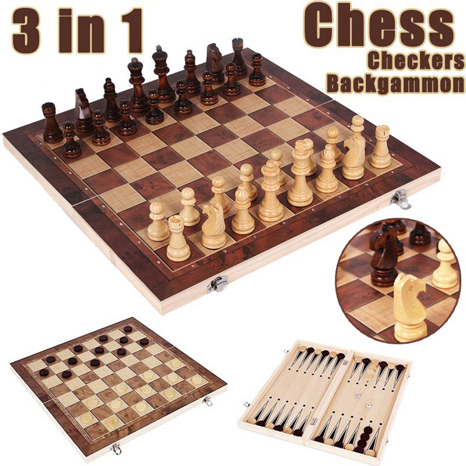 3 in 1 Chess Set Wooden Chess Game Backgammon Checkers Indoor Chess For Family Wooden Folding Chessboard Chess Pieces Chessman