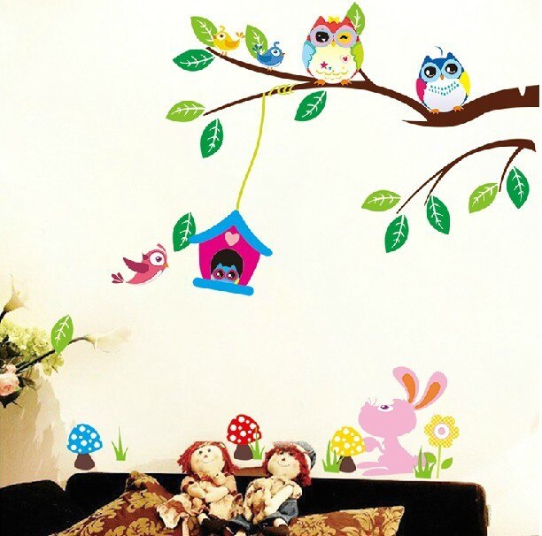 Cartoon Uilen Vogel Tak Bloemen Muurstickers Voor Kinderkamer Woonkamer Nursery 3D Home Decor Vinyl Pvc Achtergrond Stickers muurschildering