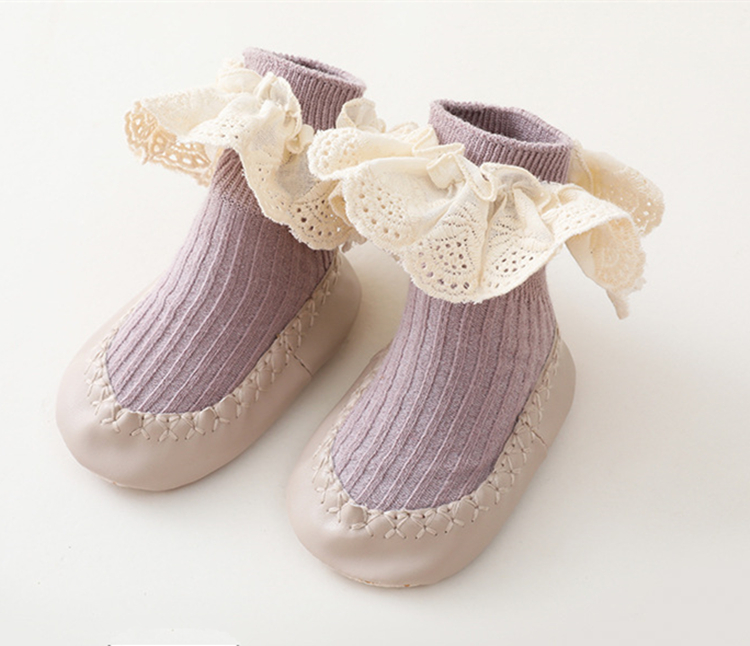 Baby Girls Ruffle Socks With Rubber Soles Infant Sock Newborn Autumn Children Floor Lace Flowers Shoes Anti Slip Soft Sole Sock: Purple / 0-6Months(S)