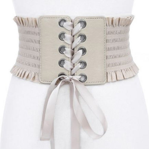 Womens Lady Stretch Buckle Waist Belt Wide Lace Leather stitching cross strap elastic Corset Waistband: Dark Khaki