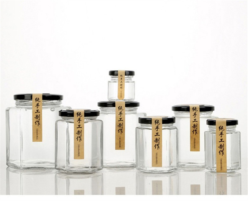 Sekskant gennemsigtigt glas køkken opbevaringsflaske krukke tomme flasker til honning møtrik suger beholder tank dåse glas syltetøj-krukke