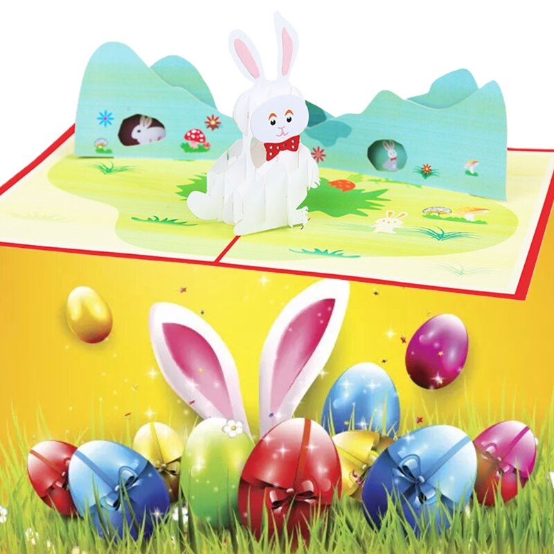 3D Pop-Up Bunny Greeting Card for Easter Party Cute Animals Birthday Postcards L9CF