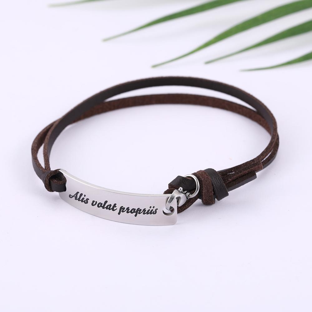 Skyrim Inspirational Words Mantra Bracelet Men Male Stainless Steel Charm PU Leather Rope Wristband Bracelets Jewelry