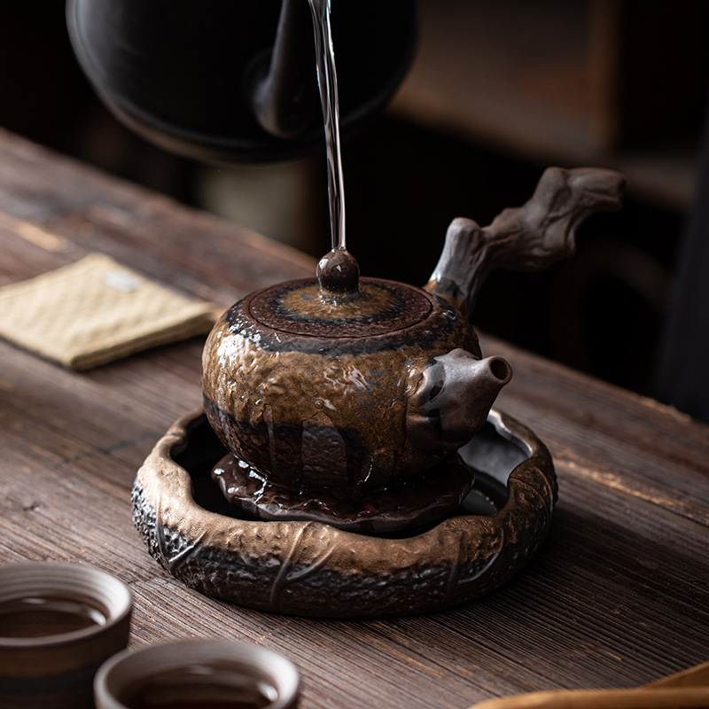 Japanese Style Coarse Pottery Gilding Iron Glaze Lotus Pond Pot Tray Small Water Storage Tea Tray Pot Base Kung Fu Tea Ceremony
