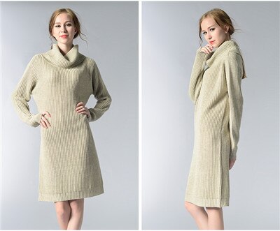 Hoffen nieuwkomers vrouwen lange trui jurk coltrui knielange losse winter gebreide jurken solid party vestidos kerst: beige