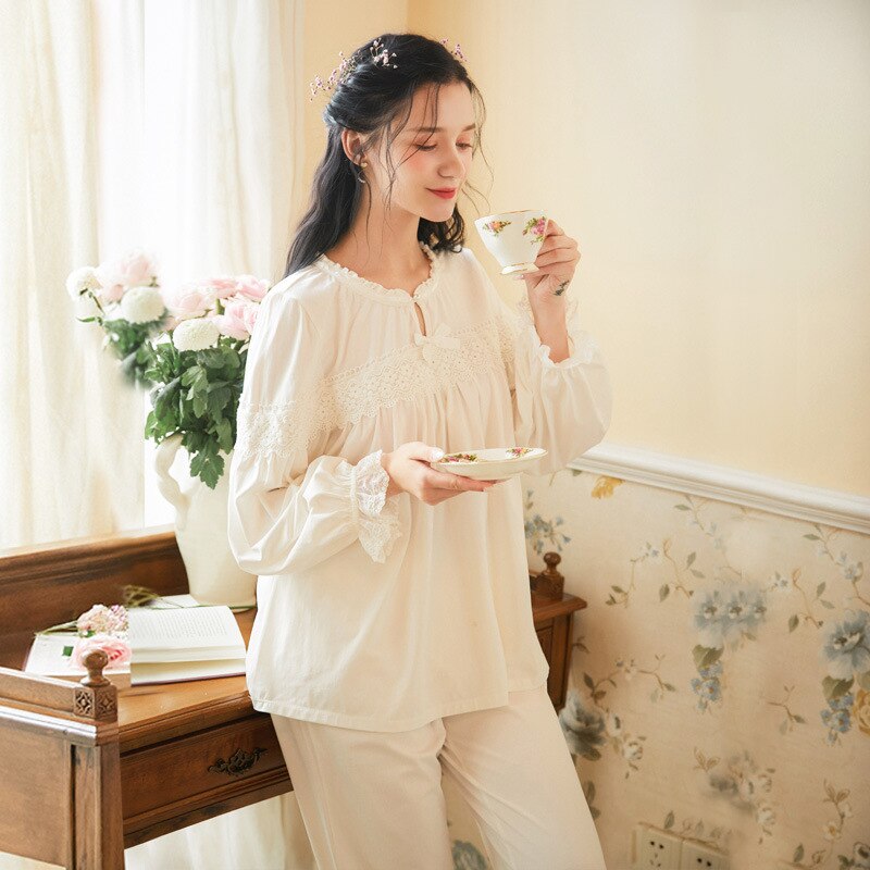 Spring Pure Cotton Pajamas Women Retro Long-sleeved Trousers Loose Large Size Palace Style Cotton Home Service Two-piece: Default Title