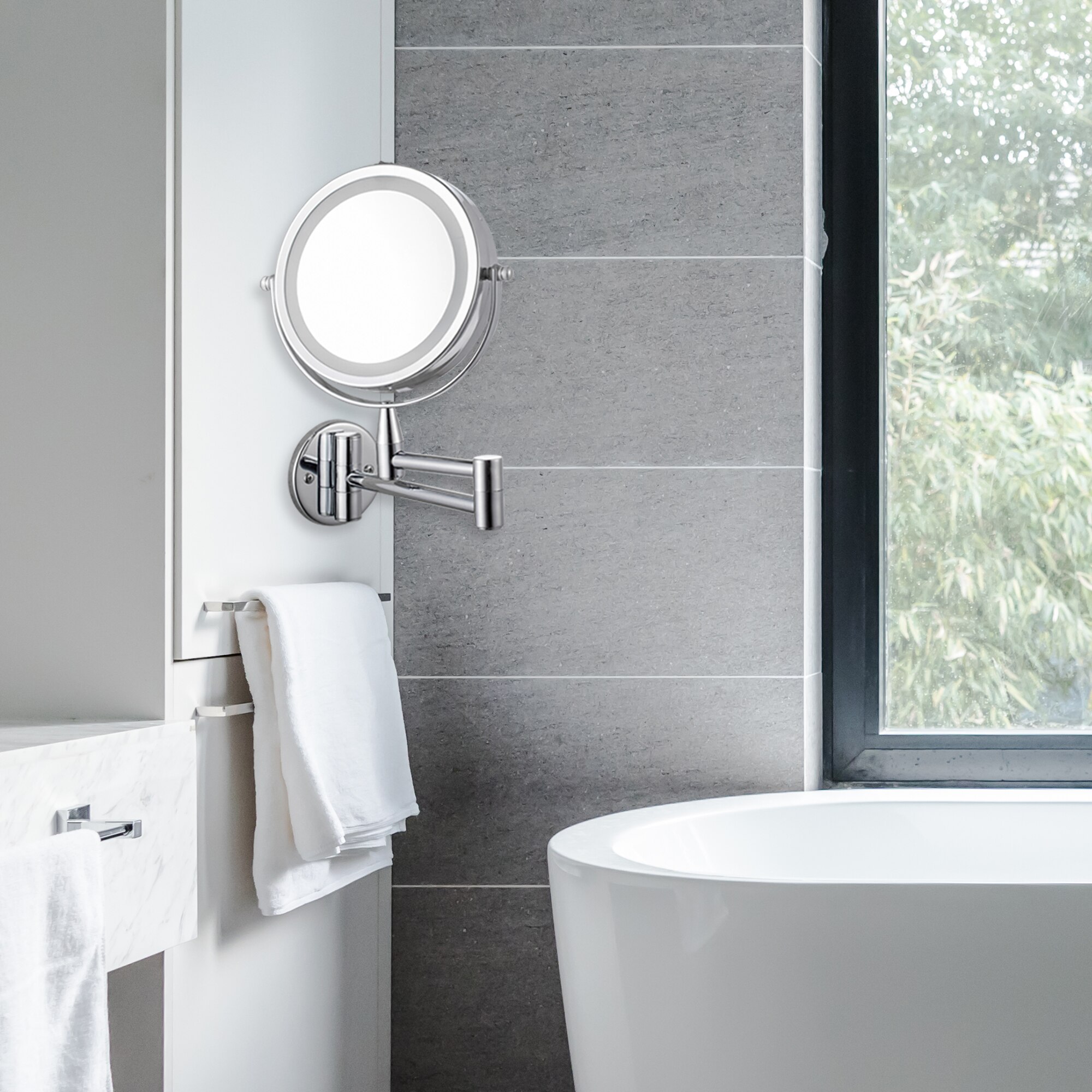 Led Dubbelzijdig Vergrootglas Make-Up Spiegel, 6.0 "15Cm Diameter 1X/5X Verstelbare Wandmontage 360 Roterende Uitschuifbare Draaibare Spiegel