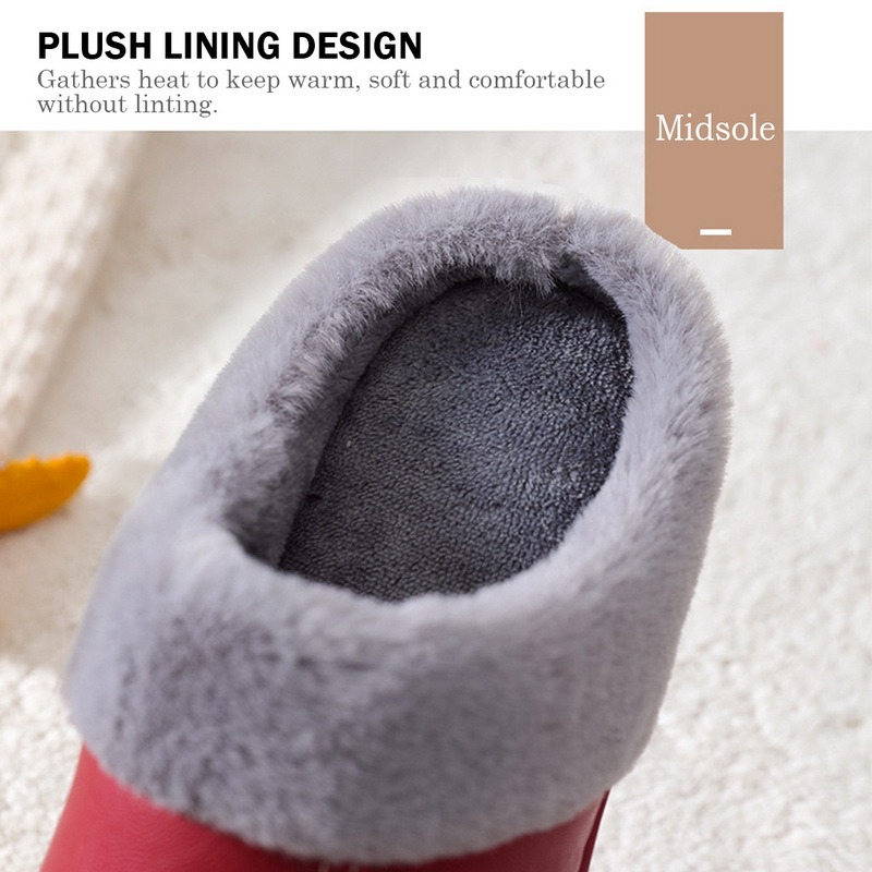 Men's Slippers Home Winter Plush Waterproof Leather Warm Shoes Thick Bottom House Slipper Man Indoor Cotton Slippers Women Shoes